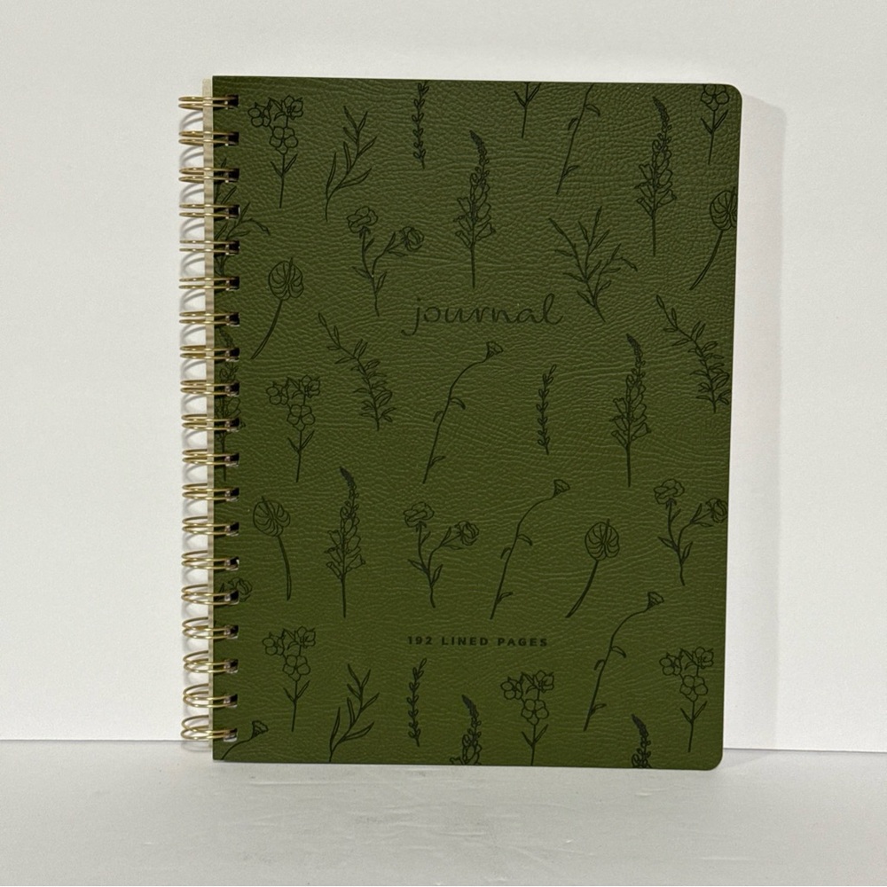 Green Faux Leather Floral Journal with Gold Spiral Binding 192 pages